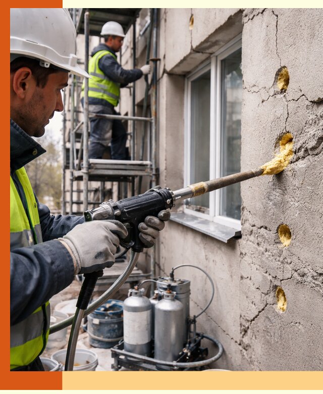 Заполнение пустот в фасаде и утепление стен в Сарове